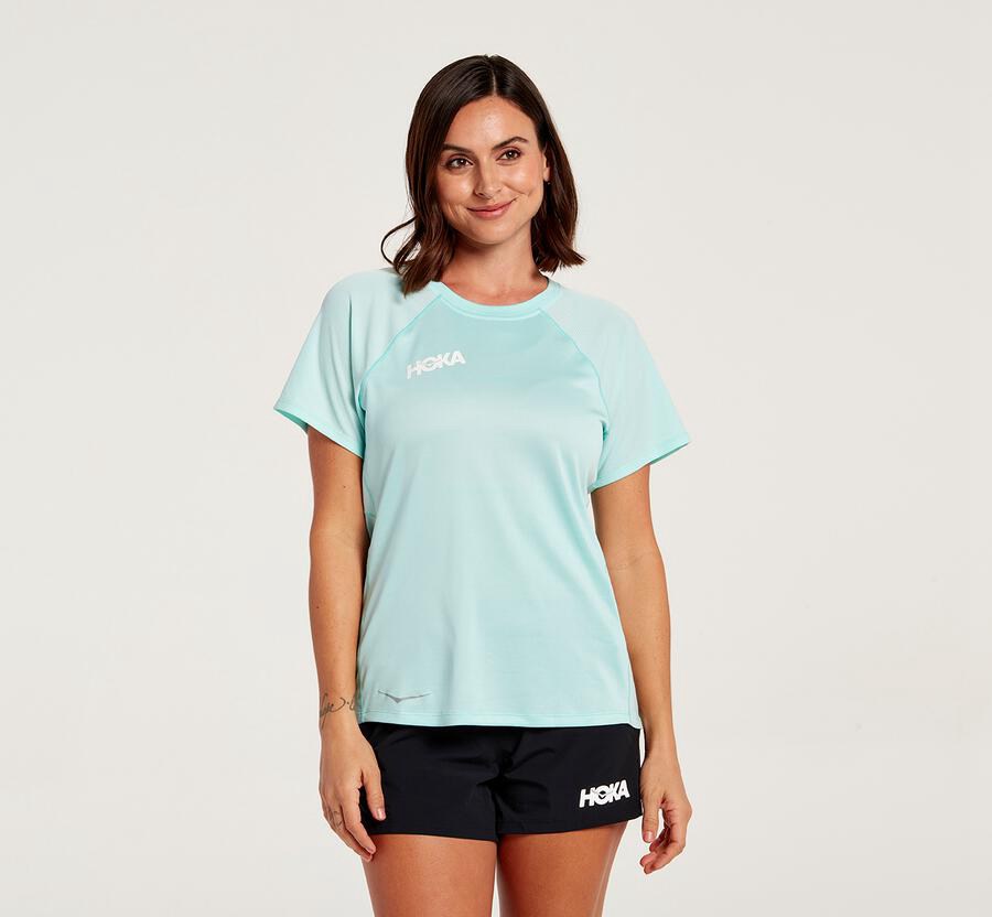 Top Hoka One One Mujer Azules - Performance Short Sleeve - GTVD50328